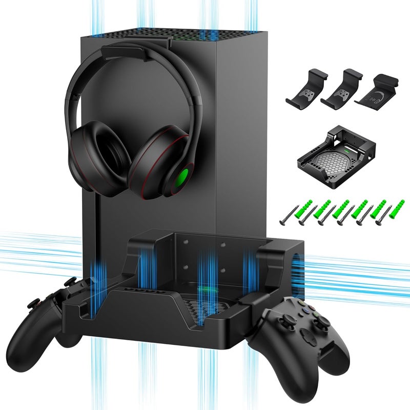 ZAONOOL Wall Mount for Xbox Series X Console - Sturdy Wall Shelf Kit Load Up to 45Lb, Dual Ventilation Design, Place Xbox Front Facing and Prevent from Falling (with 2 Controller Holder and 1 Headphone Stand) - Image 1